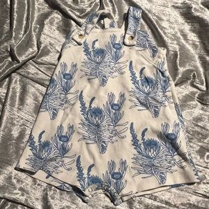 Kate Quinn overall romper blue  and white floral. Size 12-18. organic cotton